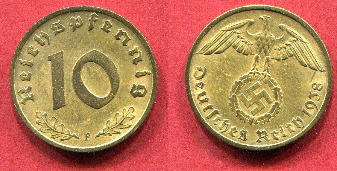 1936 DE RARE ORIGINAL NAZI 5PF COIN w SWASTIKA in LUSTROUS BRASS